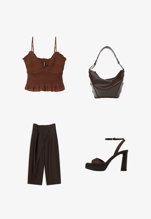 Brown crop top with thin straps, featuring textured fabric, gathered detailing, and a ruffled hem for a fitted silhouette.; Dark brown wide-leg trousers with a high waist, featuring a single button closure and a pleated front. Made from lightweight fabric.; Brown suede high-heeled sandal with an open toe, adjustable ankle strap, and a striped platform sole.; Dark brown leather handbag with a curved shape, zip closure, and a short handle. Features metal hardware and decorative black buttons on the side.