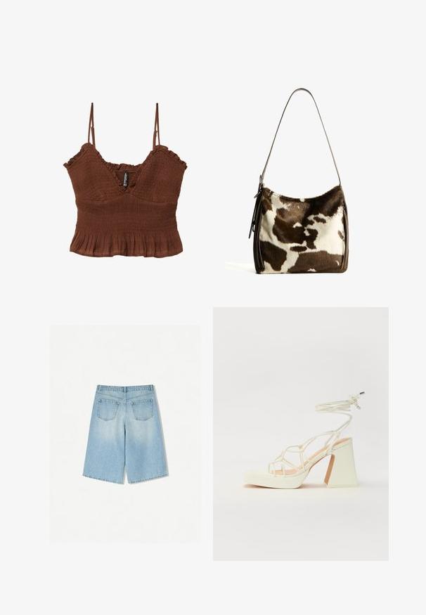 Brown crop top with thin straps, featuring textured fabric, gathered detailing, and a ruffled hem for a fitted silhouette.; Light blue denim shorts with a relaxed fit, featuring two back pockets and a straight leg design. Clean hem and soft texture.; White high-heeled sandal with a chunky heel, featuring a strappy design and ankle tie. Smooth texture with a platform front for added height.; Brown and cream cowhide shoulder bag with a smooth leather strap, zip closure, and a soft, textured surface featuring a natural pattern.