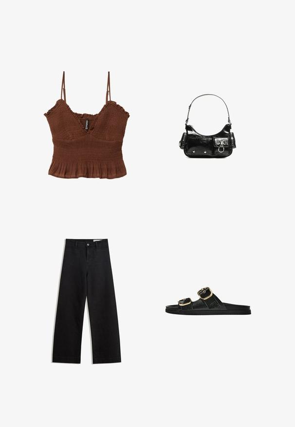 Braunes Crop-Top mit dünnen Trägern, aus strukturiertem Stoff, mit gerafften Details und einem Rüschensaum für eine figurschmeichelnde Silhouette.; Schwarze weit geschnittene Jeans mit hoher Taille, ausgestattet mit Vorder- und Hintertaschen, gesteppten Nähten und einem Knopfverschluss. Glatte Textur.; Schwarze Riemensandale mit zwei goldenen Schnallendetails, glattem Material, flachem Sohlen und minimalistischer Gestaltung.; Schwarze Lackleder-Handtasche mit geschwungenem Design, einem Schulterriemen, Vordertaschen und silberfarbenen Hardware-Akzenten.
