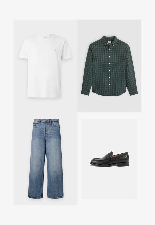 Tricou alb din bumbac, cu mâneci scurte, guler rotund și un mic logo gri brodat pe partea stângă a pieptului. Textură fină.; Cămașă cu mânecă lungă, cu nasturi, cu un model tartan verde, albastru și galben, nasturi albi și guler cu nasturi.; Jeans din denim blue, cu croială largă, cu un finisaj decolorat, design cu cinci buzunare și închidere cu buton. Echipate cu bucle pentru curea și detalii cusute.; Mocasini din piele neagră cu o finisare netedă, vârf rotund și cusături decorative pe partea superioară. Toc mic și stivuit, cu o ușoară strălucire.
