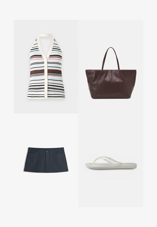 Striped ribbed tank top with V-neck, featuring blue, pink, brown, and black lines; cream edging and five white buttons down the front.; Navy blue pinstripe mini skirt with front pockets and a single button closure at the waist.; White flip-flop with a textured sole, featuring thin straps and a flat design. Made of rubber with a subtle logo on the footbed.; Brown woven leather tote bag with two handles, a structured shape, and a textured surface, featuring a diamond pattern throughout.