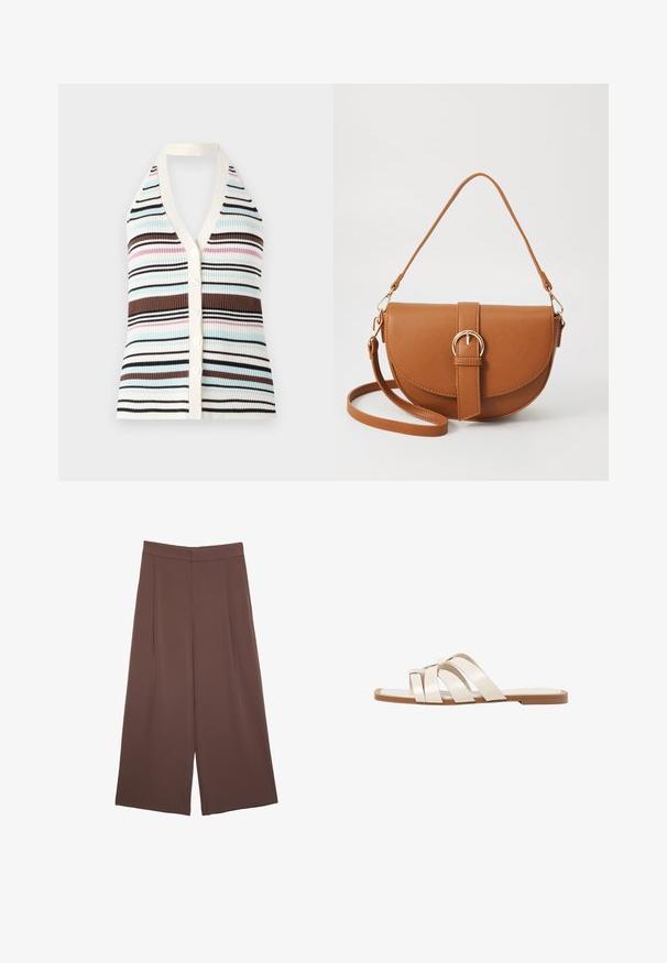 Gestreifter, gerippter Tanktop mit V-Ausschnitt, der blaue, rosa, braune und schwarze Linien aufweist; cremefarbige Kanten und fünf weiße Knöpfe an der Vorderseite.; Braune Weite-Leg-Hosen mit einer glatten Textur, hoher Taille und Vorderfalten. Der Stoff ist leicht und fällt locker.; Flache Sandalen mit einer honigfarbenen Gummisohle, gestaltet mit drei überlappenden weißen Lederriemen und einem kleinen Schleifendetail in der Mitte.; Braune Leder-Crossbody-Tasche mit geschwungener Form, goldfarbenen Beschlägen und einer Schnallenakzentuierung. Verfügt über einen abnehmbaren Schultergurt.