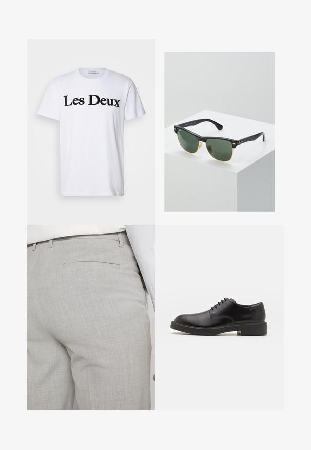 Les Deux CHARLES - Printtipaita - white/black; Vaaleanharmaat räätälöidyt housut tekstuuripintaisesta kankaasta, joissa on yksi takatasku ja siistit saumat.; Mustat nahkasaappaat, joissa on pyöreä kärki, sileä pinta, minimaalinen ommel ja matala kumipohja. Logo kannassa.; Ray-Ban aurinkolasit, joissa on vihreät linssit, mustat muovikehykset ja kultaiset yksityiskohdat reunoilla. Neliön muoto, jossa on mattapinta.