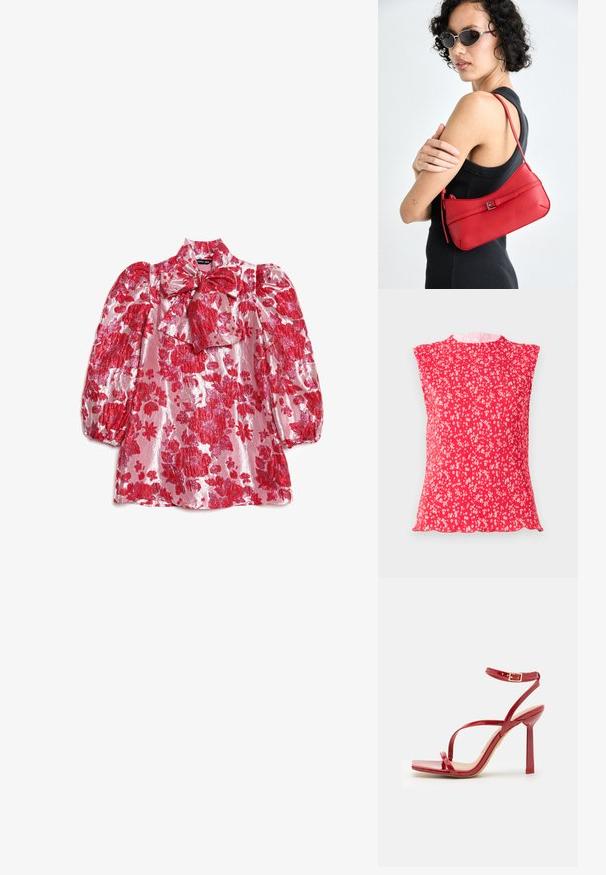 Rode geplooide top met kapmouwen, met een bloemenpatroon in het wit. Zachte textuur met een ronde halslijn en een gegolfde zoom.; Rode gebloemde blouse met pofmouwen, hoge hals en strikdetail. Gemaakt van glanzende stof met een patroon van grote bloemen op een roze achtergrond.; ALDO SCINTILLA - Sandalen met hoge hak - red; Rode leren schoudertas met een gladde textuur, gebogen ontwerp en een decoratieve sluiting. Verstelbare schouderband en ritssluiting.