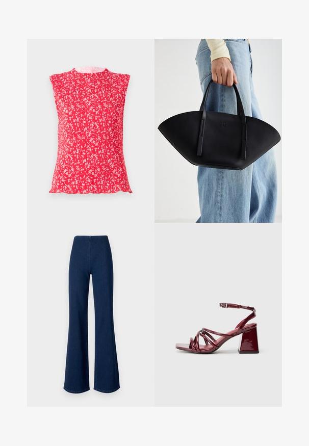 Top plisat roșu cu mâneci scurte, având un model floral alb. Textură moale, cu decolteu rotund și margine zimțată.; Jeans evazați de culoare albastru închis, din denim, cu un brâu elastic. Au o textură netedă și un design cu picioare late ce se extind până la tiv.; Sandale cu toc pătrat, din piele lacuită burgundy, cu multiple curele interconectate și un toc gros. Curea ajustabilă pentru glezne.; Geantă de piele neagră cu o formă unică de evantai, având mânere plate. Suprafața are o textură cu mici granule și un design minimalist.