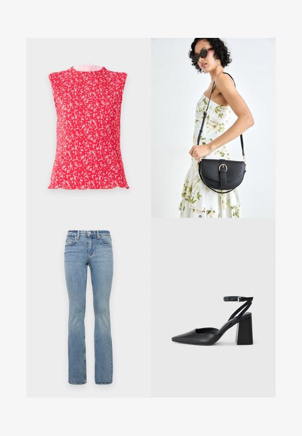 Red pleated top with cap sleeves, featuring a floral pattern in white. Soft texture with a round neckline and scalloped hem.; Light blue denim flared jeans with a mid-rise waist, featuring five-pocket design, belt loops, and subtle fading on the thighs.; Black leather pointy-toe pump with an ankle strap and a chunky heel. Flat texture, sleek design, and minimalistic aesthetics.; Black leather handbag with a curved shape, detachable strap, and gold hardware. The bag features a flap with a buckle detail.