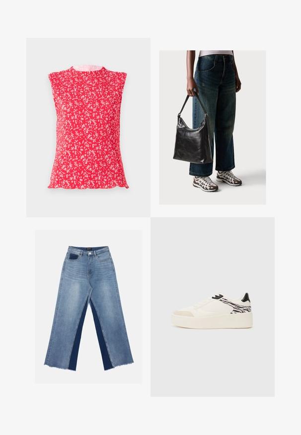Červený plisovaný top s krátkymi rukávmi, zdobený bielym kvetinovým vzorom. Mäkka textúra s okrúhlym výstrihom a zvlneným lemom.; Svetlomodré široké džínsy so kontrastnými tmavomodrými panelmi, rozstrapkanými lemami a štandardným pásom so zapínaním na kovový gombík.; Even&Odd Tenisky - white/black; Čierna kožená taška cez rameno s hladkou textúrou a nastaviteľným popruhom, skombinovaná s vyblednutými širokými džínsy a športovými teniskami.