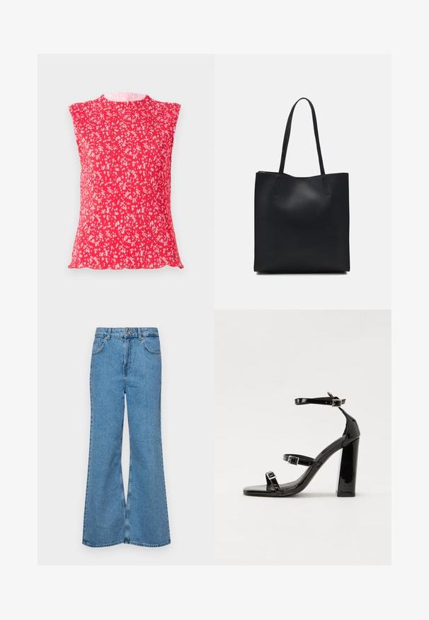 Top plissettato rosso con maniche a cappuccio, caratterizzato da un motivo floreale bianco. Tessuto morbido con scollatura rotonda e orlo ondulato.; Jeans svasati di un blu chiaro, realizzati in denim, con vita alta, cinque tasche e chiusura a un bottone. Morbido al tatto con una finitura scolorita.; Sandali con tacco in vernice nera, con punta squadrata, cinturini alla caviglia e fibbie in argento. Presentano un tacco a blocco spesso per maggiore stabilità.; Borsa tote in pelle nera con texture liscia, forma rettangolare e due manici lunghi. Nessun hardware o decorazione visibile.