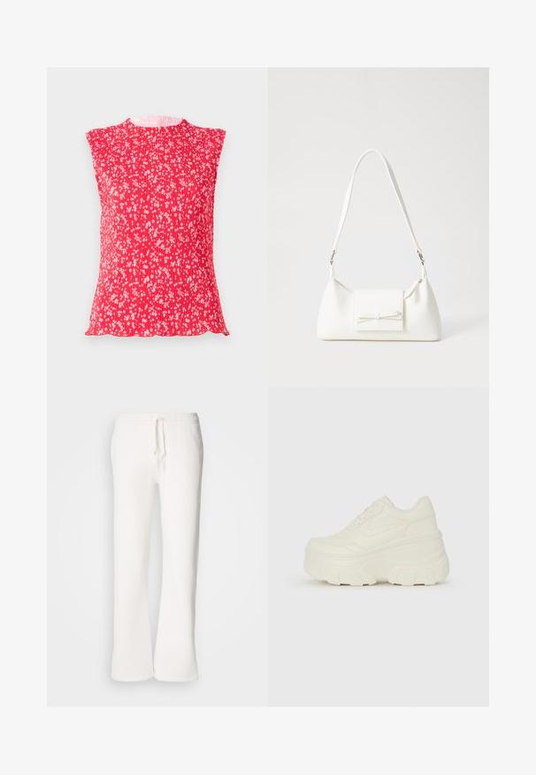 Červený skládací top s krátkými rukávy, zdobený bílým květinovým vzorem. Měkká textura s kulatým výstřihem a vlnitým lemem.; Bílé, volné tepláky vyrobené z měkké tkaniny, s elastickým pasem a šňůrkou a rovnými nohavicemi.; Bílé platformové tenisky s hladkým svrškem podobným kůži, zaobleným tvarem, polstrovaným límcem a texturovanou gumovou podrážkou s vyznačenými vzory.; Bílá syntetická kabelka v trojúhelníkovém tvaru, s plochým předním klopným víkem a detailem mašle, nastavitelným popruhem, hladkým povrchem a minimalistickým designem.