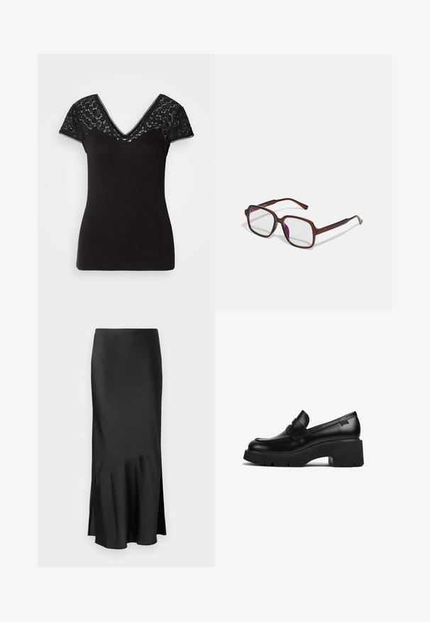 Čierne tričko s výstrihom do V a krátkymi čipkovými rukávmi. Hladká tkanina s čipkovými detailmi na ramenách a vlnitými okrajmi pozdĺž výstrihu.; Čierna saténová midi sukňa s elegantným dizajnom, so slabým rozšírením na okraji a bočným rozparkom pre pohodlie pri pohybe. Hladká textúra.; Čierne kožené mokasíny s hrubým podpätkom a hrubou podrážkou, so strapcom na vrchu, zobrazené z boku na bielom pozadí.; Hnedé, obdĺžnikové dioptrické okuliare s priehľadnými šošovkami a fialovými odtieňmi. Hladký plastový rám so zásadnými nožičkami a jemnými akcentmi.
