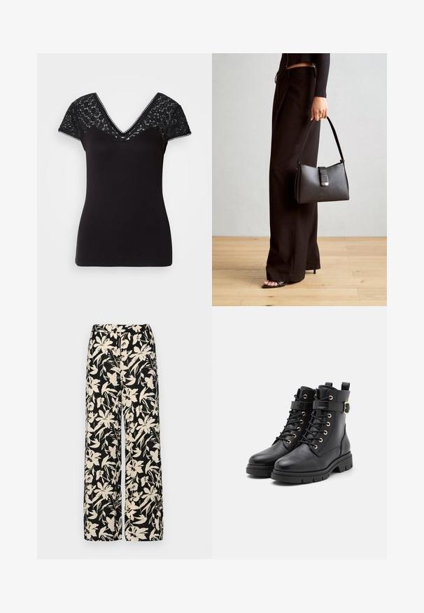Schwarzes V-Ausschnitt-T-Shirt mit kurzen Spitzenärmeln. Glatter Stoff mit Spitzen-Details über den Schultern und welligen Kanten entlang des Ausschnitts.; Schwarze weit geschnittene Hose mit einem cremefarbenen Blumenmuster. Hergestellt aus leichtem Stoff, mit einer glatten Textur und einem hohen Bund.; Schwarze Leder-Stiefeletten mit runder Spitze, Schnürdesign, goldenen Ösen, Schnallenakzent und einer klobigen, strukturierten Sohle.; Schwarze Handtasche mit strukturierter Form, glatter Textur und einem metallischen Verschluss. Kombiniert mit weiten schwarzen Hosen und offenen Sandalen auf einem Holzboden.