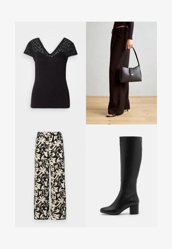 Juoda V formos T marškinėliai su trumpomis nėrinių rankovėmis. Lygus audinys su nėriniuota detale ant pečių ir banguotais kraštais aplink iškirptę.; Juodos plačios kojos kelnės su grietinėlės spalvos gėlių raštu. Pagamintos iš lengvos medžiagos, pasižyminčios lygiapass viršutine tekstūra ir aukštu liemeniu.; Kirkšnai juodi odiniai batai iki kelių su lygiu paviršiumi, apvaliu priekiniu kapučiu, šoniniu paneliu ir storu bloku padu.; Juodas rankinė struktūrizuota forma, lygi tekstūra ir metalinis užsegimas. Suporuota su plačiomis juodomis kelnėmis ir atvirais bateliais ant medinių grindų.