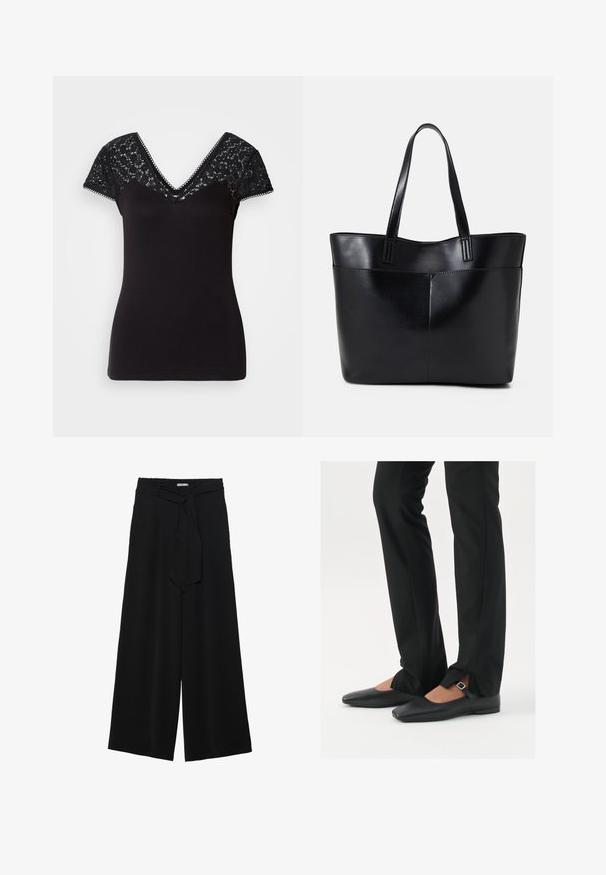 Black V-neck t-shirt with short lace sleeves. Smooth fabric with lace detailing over shoulders and scalloped edges along the neckline.; Black wide-leg pants featuring a textured fabric, an elastic waistband, and a detachable sash tie at the waist for adjustable fit.; Black leather ballet flats with a pointed toe, strap with silver buckle, paired with black tailored pants featuring a slit hem.; Black leather tote bag with two long handles, a smooth texture, and a structured shape. Features a front pocket for additional storage.