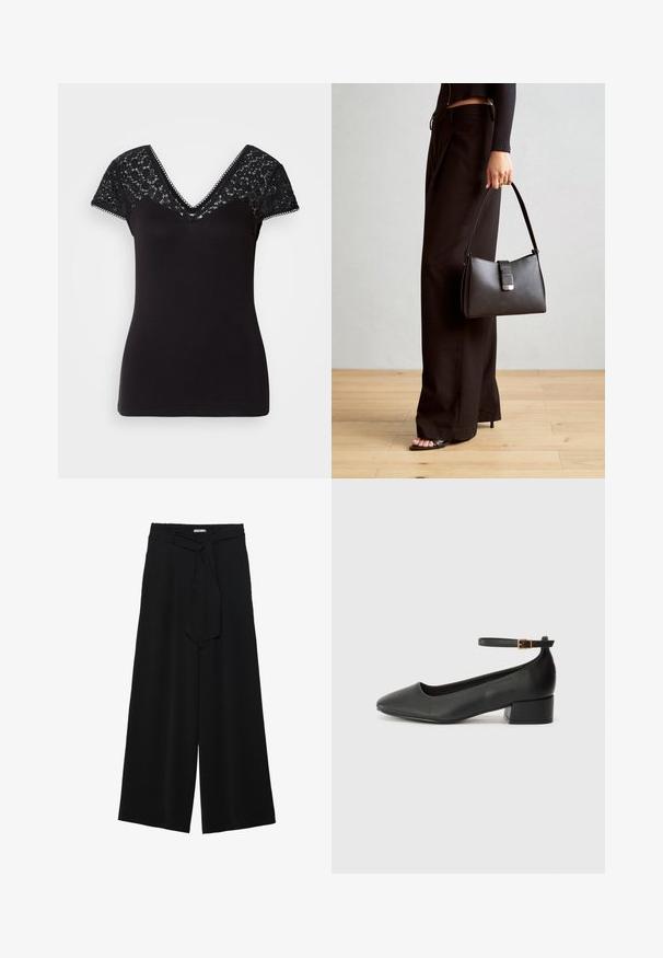 Sort V-hals t-shirt med korte blondeærmer. Glat stof med blonderdetaljer over skuldrene og bølgede kanter langs halsudskæringen.; Sorte vide bukser i en tekstureret stofkvalitet, med elastisk talje og et aftageligt bånd i taljen for justerbar pasform.; Sorte læderpumper med spids tå og en lav blokhæl. Har en ankelrem med en guldfarvet spænde. Glat tekstur.; Sort håndtaske med struktureret form, glat overflade og metalspænde. Sammen med brede sorte bukser og sandaler med åben tå på trægulv.