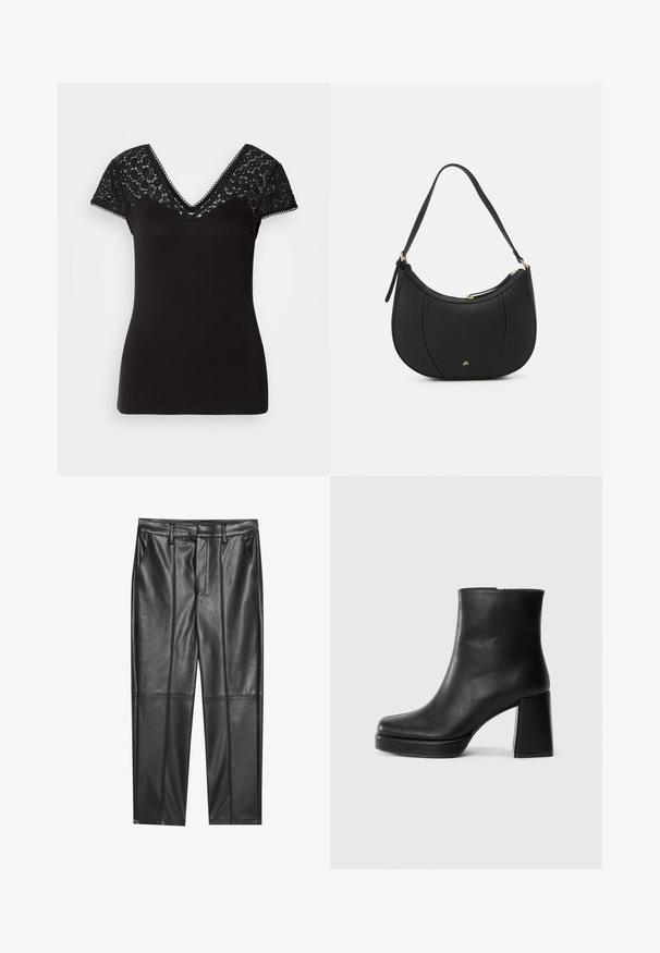 Musta V-pääntie t-paita, jossa on lyhyet pitsihihat. Silkkinen kangas, jossa on pitsidetaljeja olkapäillä ja aaltoyksityiskohtia pääntiellä.; Musta nahkahousut, joissa on sileä pinta, suora leikkaus, kaksi etutaskua ja näkyvät saumat.; Musta nahkasaapas nilkkapituisena, jossa on paksu korko ja alustapohja, nähtynä sivulta yksinkertaisella valkoisella taustalla.; Musta nahkainen käsilaukku, jossa on kaareva muoto, teksturoitu pinta, etusaumat ja kultainen logo. Siinä on yksi säädettävä olkahihna.