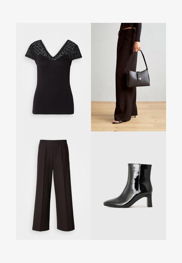 Tricou negru cu decolteu în V și mâneci scurte din dantelă. Material neted cu detalii din dantelă pe umeri și margini ondulate la decolteu.; Pantaloni negri cu laturi largi, cu o față plată, pliseuri și o textură de țesătură fină. Prezintă un talie înaltă și o croială ajustată pentru un fit structurat.; Botine negre din piele lacuită, cu vârful ascuțit și toc bloc de înălțime medie. Textură netedă și design minimalist.; Genți negre cu o formă structurată, textură netedă și un închizător metalic. Asortată cu pantaloni negri largi și sandale cu vârf deschis pe un podea din lemn.