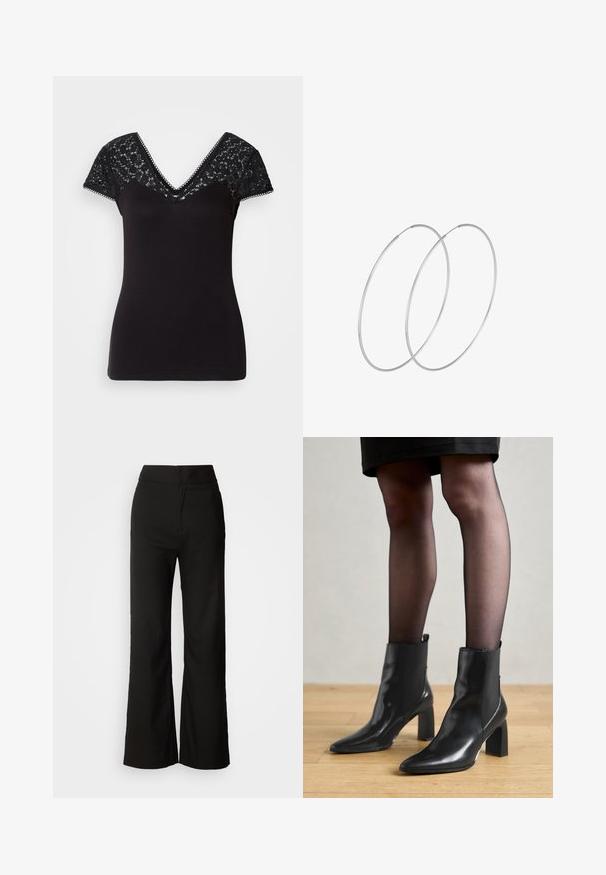 Must või musta värvi V-kaelusega t-särk lühikeste pitskäistega. Sile kangas pitsidetailidega õlgadel ja laineliste servadega kaeluses.; Mustad laiad püksid sujuva tekstuuriga, kõrge vöökoht ja puhas disain. Ei ole nähtavaid taskuid ega dekoreerimist.; Mustad mustad jalanõud terava ninaga, paksu ruudukujulise kontsaga ja saleda disainiga. Omavad elastseid külgpaneele mugavaks selga tõmbamiseks.; Hõbedased rõngastikkaehingad minimalistlikus disainis. Ümar kuju, sile tekstuur ja õhuke profiil. Kerged ning poleeritud viimistlusega.