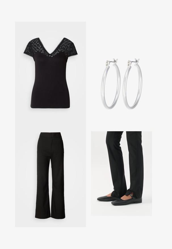 Melna V-veida t-kreklu ar īsām mežģīņu piedurknēm. Gluda auduma ar mežģīņu detaļām uz pleciem un viļņotām malām ap kakla izgriezumu.; Melni platlegu bikses ar gludu tekstūru, augsto vidukli un tīru dizainu. Nav redzamu kabatu vai rotājumu.; Melni ādas baleta zābaki ar smailo purngalu, siksniņa ar sudraba sprādzi, kombinēti ar melniem tailētiem biksēm ar šķēluma apakšdaļu.; Sudraba riņķveida auss gredzeni ar gludu, pulētu apdari. Apaļa forma un drošs klikšķa augšējais slēgums. Viegls dizains, kas piemērots ikdienas valkāšanai.