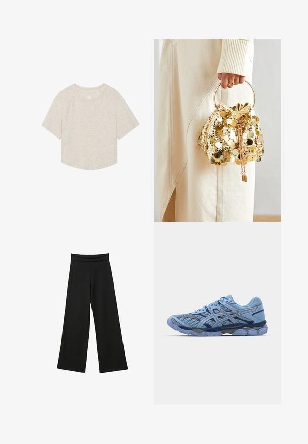 Hellbeige kurzes T-Shirt aus weicher Baumwolle mit rundem Ausschnitt, kurzen Raglanärmeln und einem kleinen Logo auf der Brust.; Schwarze weite Hosen aus weichem Stoff, mit einem hohen, dehnbaren Bund, langen Beinen und ohne sichtbare Muster oder Akzente.; ASICS SportStyle GEL CUMULUS 16 UNISEX - Sneaker low - stone wash/independence blue; Goldfarbene Drawstring-Handtasche mit einem runden Griff, verziert mit glänzenden runden Pailletten und einem strukturierten Stoff. Abmessungen sind nicht angegeben.