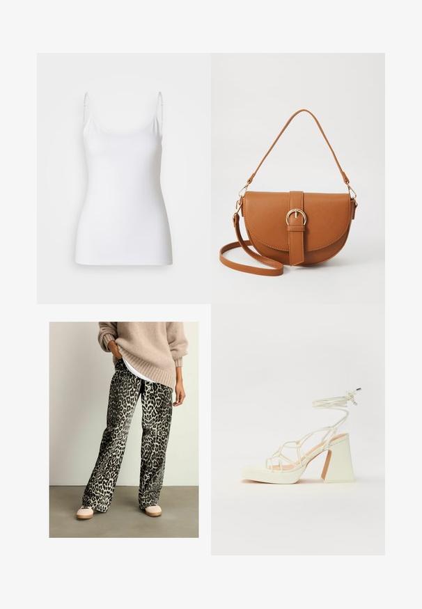 GAP FITTED - Felső - white; Zebra mintás, bő szárú nadrág puha anyagból, elasztikus derékkal és fekete-beige színkombinációval. Bézs pulóverrel párosítva.; Fehér, magassarkú szandál vastag sarokkal, pántos dizájnnal és bokapánttal. Sima textúra, elülső platformmal a megnövelt magasság érdekében.; Barna bőr keresztbody táska ívelt formával, aranyszínű fémrészekkel és csat díszítéssel. Levehető vállpánttal rendelkezik.