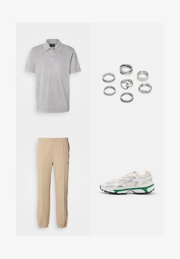 Mads Nørgaard PIGMENT DYE - Polo - titanium; Lacoste Pantalon de survêtement - viennese; Sneaker blanc avec accents verts et semelle en caoutchouc noir. Comprend des panneaux en mesh et en synthétique, avec une finition texturée et des coutures visibles.; Ensemble de sept bagues en argent présentant divers designs, notamment des motifs torsadés, entrelacés et gravés. Différentes formes et largeurs.