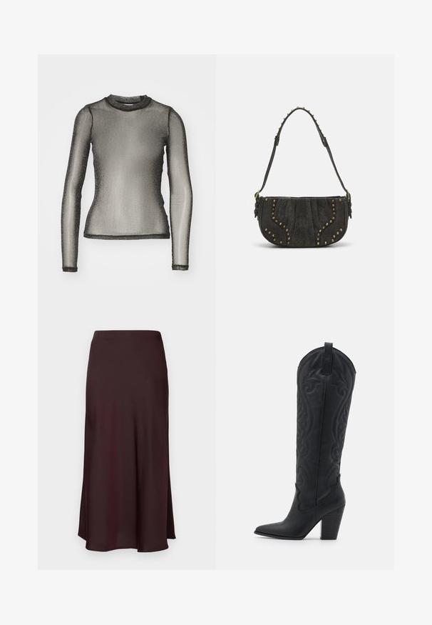 Noisy May NMSHIMMY - Ilgarankovis viršutinės dalies drabužis - black/silver-coloured; Bordo satino midi sijonas su lygiu paviršiumi, tiesiu siluetu ir šiek tiek platėjančiu apmušalu. Nėra matomų raštų ar detalių.; Zign Kaubojiški / motociklininko stiliaus batai - black; Juodas zomšinės rankinės su išlenktu dizainu, su vinių akcentais ir tekstūruota paviršiumi. Reguliuojama petneša su viniukų detalėmis aplink kraštą.; Ilgi sidabriniai auskarai, dekoruoti skaidriais, facetuotais kristalais, kurie krinta įvairiais sruogomis su skirtingais ilgiais ir formomis.