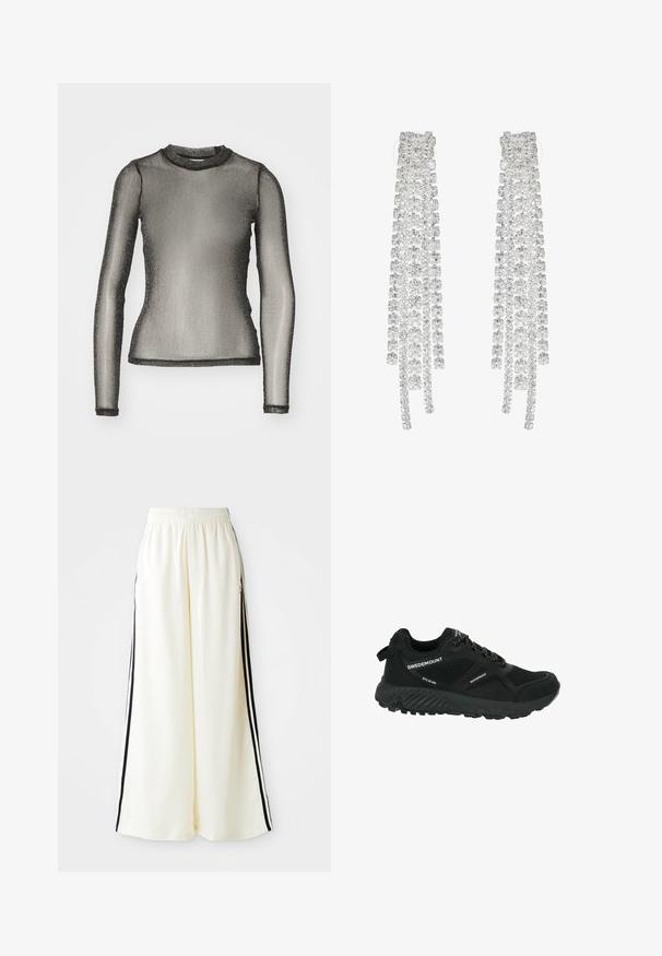 Noisy May NMSHIMMY - Långärmad tröja - black/silver-coloured; Vita vida byxor med elastisk midja och svarta vertikala ränder längs yttersemsorna.; Svart vattentålig vandringsko med meshpaneler, texturerad sula, rund tå och reflexsnören. Har logga och dragflik vid hälen.; Långa silverörhängen med en uppsättning av klara, slipade kristaller i kaskadformade strängar med varierande längder och former.