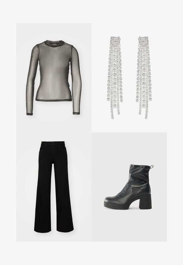 Noisy May NMSHIMMY - Ilgarankovis viršutinės dalies drabužis - black/silver-coloured; Juodos plačios kelnės iš denimo, turinčios struktūruotą juosmenį, diržo kilpas ir priekines kišenes. Lygus paviršius su klasikinio dizaino elementais.; Juodos kulkšninių botai, pagaminti iš lygaus odos, su šoniniu užtrauktuku, masyviu tekstūruotu kulnu ir apvaliu pirštu.; Ilgi sidabriniai auskarai, dekoruoti skaidriais, facetuotais kristalais, kurie krinta įvairiais sruogomis su skirtingais ilgiais ir formomis.