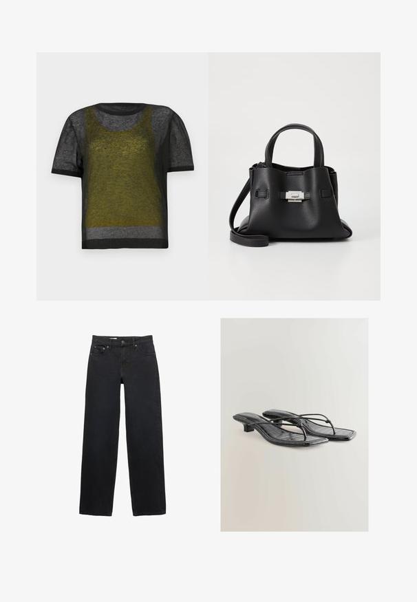 Zwart brei top met korte mouwen en doorzichtige textuur, met een groen en grijs gelaagd ontwerp, ronde halslijn en contrasterende donkere afwerking.; Zwarte wijde jeans gemaakt van denim, met vijf zakken, een knoopsluiting, subtiele stiksels en een rechte snit van taille tot zoom.; Zwarte gepatenteerde nepleren sandalen met hak, vierkante neus, dunne bandjes en krokodillenstructuur. Ontwerp met lage blokhak.; Zwarte leren handtas met een gestructureerde afwerking, voorzien van twee handvatten, een verwijderbare schouderband en een zilveren sluiting.