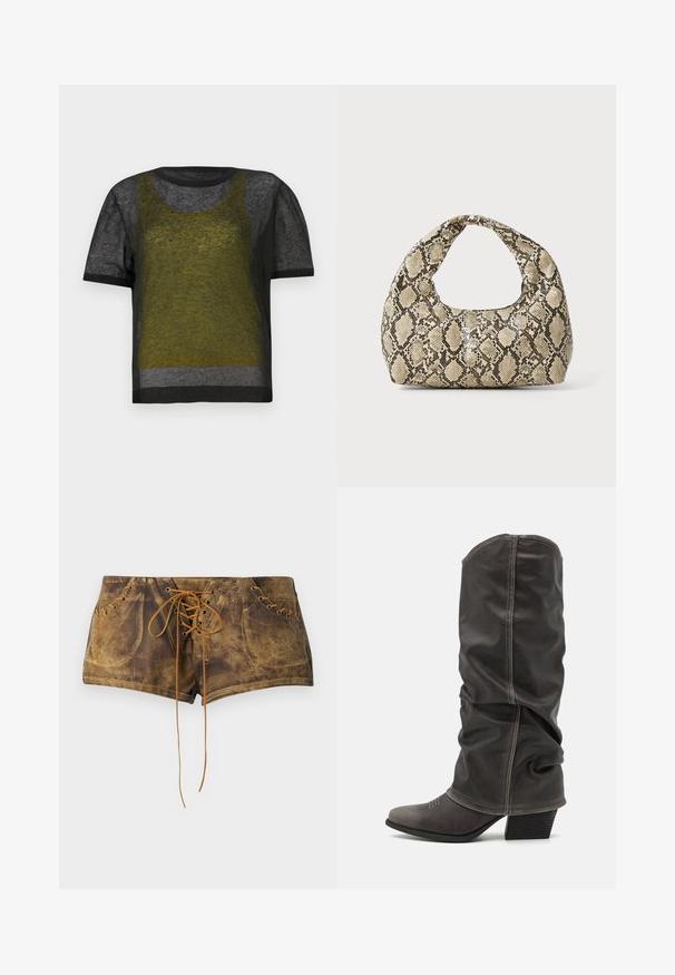 Bluză neagră cu mânecă scurtă din tricot cu textură transparentă, având un design în straturi verde și gri, decolteu rotund și finisaje întunecate contrastante.; Shorts marron cu șireturi, cu o suprafață texturată și șireturi bej contrastante. Caracteristici include ochiuri și un design ajustat pentru un aspect strâns.; Botine din piele gri, cu înălțime până la gambe, design lejer, vârf ascuțit și toc stivuit. Detalii de cusătură notabile în zona vârfului.; Geantă cu imprimeu de șarpe, având un mâner curbat. Fabricată din materiale texturate, bej și maronii, cu un model distinctiv în formă de diamant.