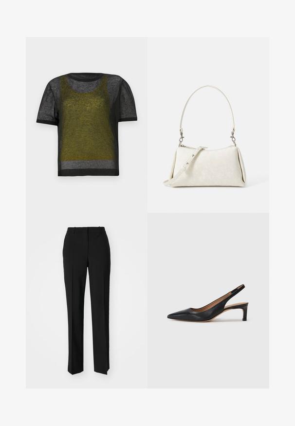 Must värviline lühikeste varrukatega kudum, millel on läbipaistev tekstuur, roheline ja hall kihiline disain, ümar kaelus ja kontrastne tume ääreviimistlus.; Mustad ja sirged püksid, millel on sile tekstuur ja teravad voldid esiosas. Ilma nähtavate detailideta.; Must musta slingback tüüpi kingad terava nina, madala kontsaga ja sileda pinnaga. Sisaldab õhukest reguleeritavat rihma turvaliseks istumiseks.; Valge käekott, millel on sile tekstuur, kaarjas siluett ja reguleeritav õlavöö. Omab diskreetset logo mustrit ja hõbedaseid detailide aktsente.