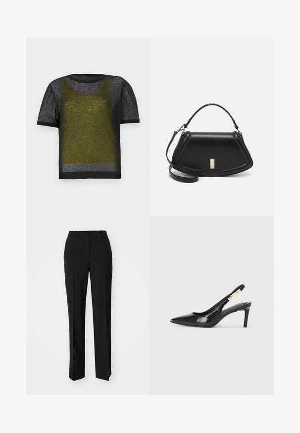 Sort kortærmet strikket top med gennemsigtig tekstur, prydet med et lagdelt design i grøn og grå, rund halsudskæring og kontrastfarvet, mørk kant.; Sorte skræddersyede bukser med lige ben-design, der har en glat tekstur og skarpe folder langs fronten. Ingen synlige hardware.; Sort læder slingback højhælede sko med spidse tæer, glat overflade og en smal ankelrem med guldfarvede hardware detaljer.; Sort læderhåndtaske med en struktureret design, der har en kortet form, tophåndtag og guld hardware-accenter. Justerbar skulderrem inkluderet.