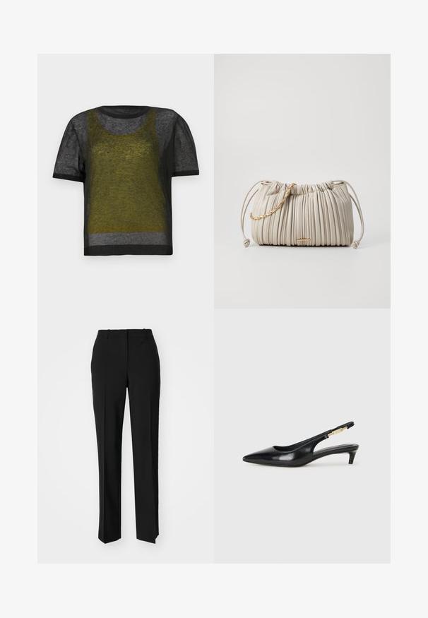 Juodas trumpomis rankovėmis megztas viršus su permatomu tekstūru, turintis žalią ir pilką sluoksniuotą dizainą, apvalią iškirptę ir kontrastingą tamsų apdailą.; Juodi pritaikyti kelnių modeliai su tiesiomis kojomis, pasižyminčios lygiomis tekstūromis ir ryškiomis klostėmis priekyje. Nėra matomų detalių.; Juodas odinis pavasario batelių modelis su smailiu nosiu, turintis siaurą kulniuką ir auksinės spalvos akcentu reguliuojamoje juostoje. Lygi tekstūra.; Raukšlėta kreminė rankinė, pagaminta iš minkštos medžiagos, su pintu auksiniu grandininiu akcentu ir raišteliu, leidžiančiu pritaikyti formą.
