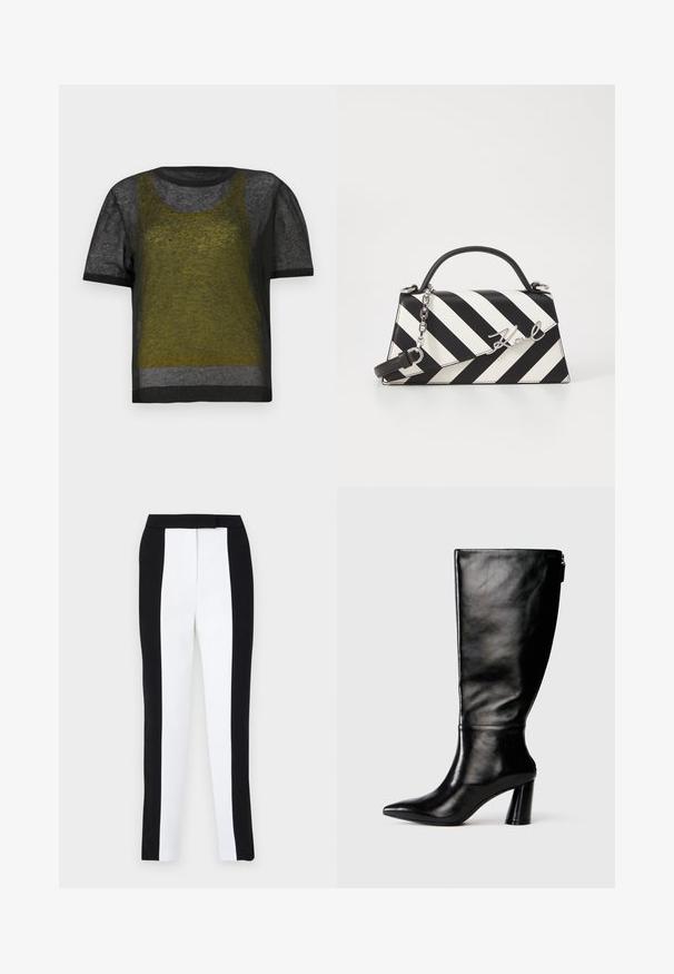 Black short-sleeve knit top with sheer texture, featuring a green and gray layered design, rounded neckline, and contrasting dark trim.; Black and white tapered trousers featuring a slim fit with contrasting panels. Fabric has a smooth texture; waistband is flat and fitted.; Knee-high black leather boot with a pointed toe, smooth texture, and a chunky heel. Features a zipper detail at the back.; Black and white striped handbag with a structured shape, featuring a top handle, a detachable chain strap, and metallic logo accent.