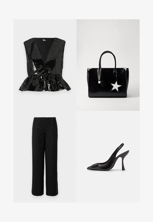 Top negro con lentejuelas, con un escote profundo en V, diseño sin mangas y dobladillo con peplum. Presenta un forro interior suave y una textura brillante y reflectante.; Pantalones anchos negros hechos de una tela suave, con una cintura alta y cinco botones frontales para el cierre. Diseño elegante y a medida.; Zapato slingback de piel negra con punta afilada, tacón alto delgado y un lazo decorativo. Textura suave y diseño elegante.; Bolso de mano de charol negro con una forma elegante. Presenta herrajes de cadena plateada, una cerradura y un acento de estrella blanca en el lateral.