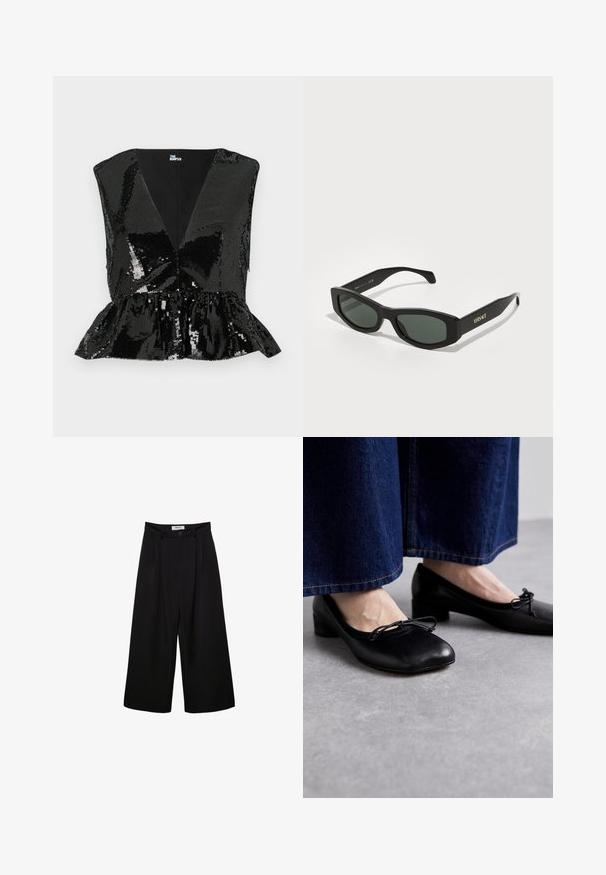 Černý flitrový top s hlubokým výstřihem ve tvaru V, bez rukávů a s peplum spodním lemem. Disponuje hladkým vnitřním podšívkou a lesklou, odrazovou texturou.; Černé široké kalhoty s vysokým pasem, skladbou v přední části a zapínáním na knoflík. Vyrobené z hladkého materiálu s precizním střihem.; Černé kožené boty se čtveratou špičkou a nízkým podpatkem, s dekorativní mašlí na přední straně. Nosené s tmavými džíny.; Černé obdélníkové sluneční brýle se zelenými skly, s výraznými rámy a zlatým nápisem "VERSACE" na spáncích.; Černá kožená kabelka na rameno s hladkým povrchem, zakřiveným vrškem a jedním popruhem. Disponuje zipovým zavíráním a minimalistickým designem.