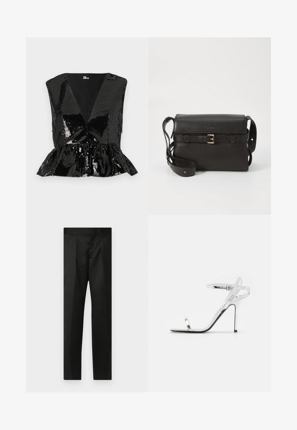 Fekete flitteres felső mély V-nyakkivágással, ujjatlan kialakítással és peplum aljjal. Simára bélelt belső résszel és fényes, tükröződő textúrával rendelkezik.; Fekete nadrág sima anyaggal, testhezálló fazonnal, egyenes lábakkal és lapos derékkal, látható zárak vagy zsebek nélkül.; Ezüst magas sarkú szandál vékony pántokkal és karcsú dizájnnal. Kiemelkedő orral és tűsarkúval rendelkezik, melyet egy fekete talp egyensúlyoz.; Fekete bőrtáska strukturált formával. Arany csatt díszítéssel, állítható pánttal és sima textúrával rendelkezik. Minimalista dizájn.