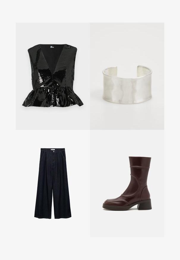 Schwarzes Paillettentop mit tiefem V-Ausschnitt, ärmellosem Design und Peplum-Saum. Verfügt über ein glattes Futter und eine glänzende, reflektierende Textur.; Dunkelblaue, weite High-Waist-Hosen aus Denim mit einem Knopfverschluss vorne, zwei Seitentaschen und Nähdetails.; MIISTA MALENE - Stiefelette - brown; Zign Armband - silver-coloured