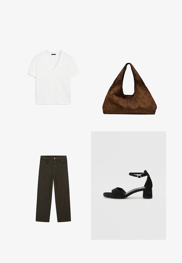Witte T-shirt met korte mouwen en V-hals, gemaakt van katoen, met een minimalistisch ontwerp en een gladde textuur, met een rechte zoom en zonder versieringen.; Donkergroene wijde jeans van een katoenmix, met een sluiting met een voorste knop, vijf zakken en klassieke denimstiksels.; Zwarte suede hakken met een dunne enkelband, open teen ontwerp en een bescheiden blokhak. Zachte textuur en minimale accenten.; Bruine suède schoudertas met een open bovenkant. Heeft een diepe, brede vorm, een uitsnijdend handvat en een minimale stiksels voor een strak ontwerp.