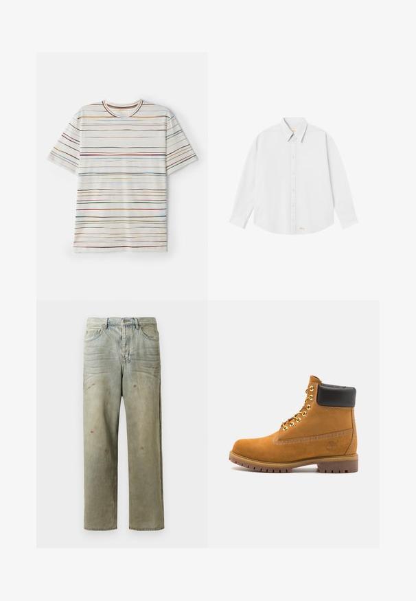 Lyhythihainen t-paita, kerma väri, jossa monivärisiä vaakasuoria raitoja. Pehmeä kangas, pyöreä kaula-aukko, suora leikkaus, minimalistinen muotoilu.; Valkoinen nappikauluspaita, jossa on klassinen kaulus, pitkät hihat ja pyöristetty helma; vasemmassa alareunassa on pieni oranssi logo.; Vaaleanvihreät kulutetut farkut suoran lahkeen, viiden taskun muotoilun ja epätasaisen haalistumisen sekä maalikohoumiin kanssa.; Valkoinen nahkainen nilkkuri mustalla pehmustetulla kauluksella, kultaisilla metallisilla rei'illä, valkoisella ompeluksella ja jykevällä kumipohjalla, jossa on selvästi näkyvät urat.