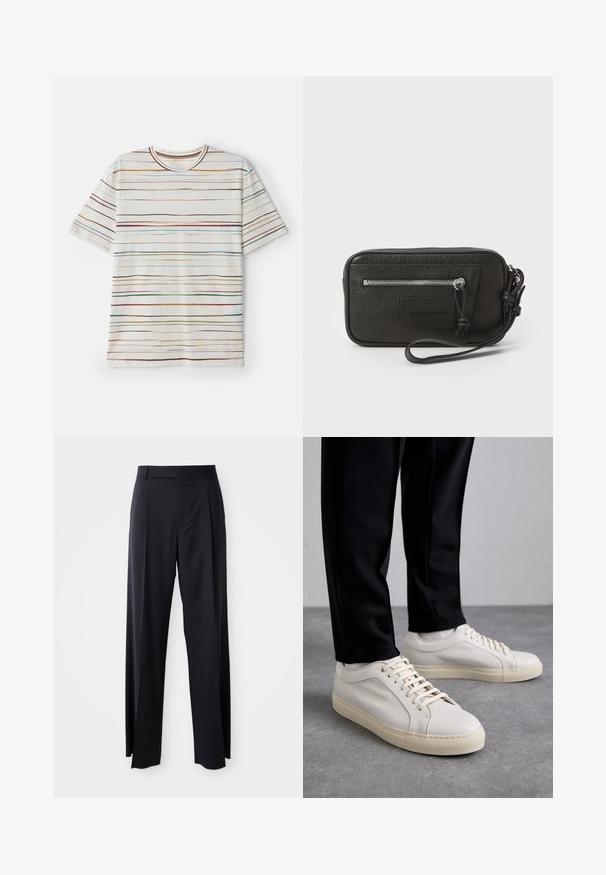 Īsām piedurknēm T-krekls ar krēmkrāsas pamatni un daudzkrāsainām horizontālām svītrām. Mīksta auduma, apaļa kakla izgriezums, taisna piegriezuma, minimālistisks dizains.; Melnas, augstās vidukļa bikses ar platām kājām, izgatavotas no gludas auduma. Iezīmē priekšējās krokas un jostas cilpas. Minimalistisks dizains, bez redzamām detaļām.; Gai beige ādas kedas ar plakaniem šņorēm, teksturētu virsmu un kontrastējošu krēmkrāsas gumijas zoli, apvienotas ar melniem pieguļošiem biksēm.; Melnas ādas clutch soma ar teksturētu virsmu, priekšējo rāvējslēdzēja kabatu un noņemamu roku siksnu. Iekļauts logotipa uzlikums priekšpusē. Taisnstūra forma.