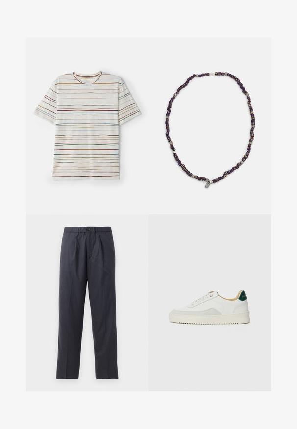 Short-sleeve t-shirt, cream base with multi-colored horizontal stripes. Soft fabric, crew neck, straight cut, minimalistic design.; Dark navy trousers made of soft fabric with a pleated front design and elastic waistband. Features a button closure and straight-leg cut.; White sneaker with suede accents, rounded toe, flat laces, and a cream rubber sole. Features green branding on the heel.; Multicolored beaded necklace with dark blue, red, and yellow beads, interspersed with silver accents and a dangling charm.