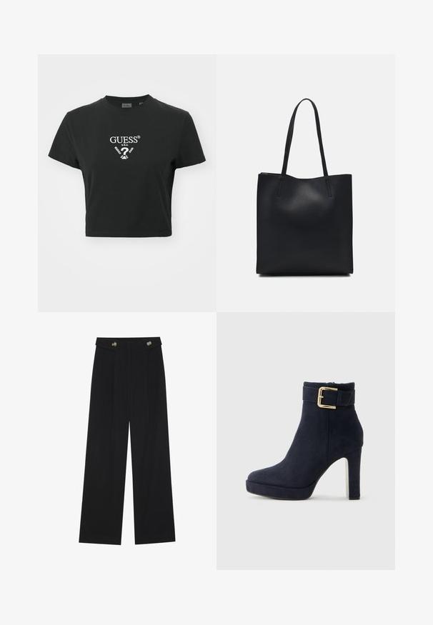 Black cropped t-shirt made of cotton, featuring white GUESS® logo and text design on the front. Short sleeves and round neckline.; Black wide-leg trousers with high waist, button details on waistband, and front pleats.; Black suede high-heeled ankle boot with a gold buckle strap and chunky heel on a plain white background.; Black leather tote bag with smooth texture, rectangular shape, and two long handles. No visible hardware or embellishments.