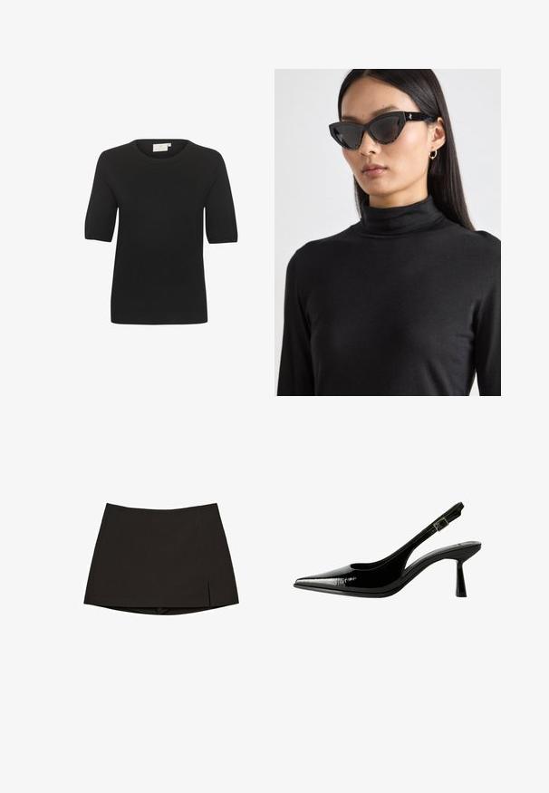 Sort kortærmet striktop med rund halsudskæring. Har en glat tekstur og et enkelt design. Etiketten er synlig ved halsen.; Sort mininine lavet af glat stof, med et lige design, sideslids og en ren kant. Enkel og alsidig.; Sorte patenterede lædersandaletter med spids tå, udskårne sider, justerbar ankelstrop og en tynd, slank hæl.; Sorte cat-eye solbriller med mørke linser, teksturerede sorte stel og subtile glitrende detaljer. Modellen bærer en sort turtleneck.; Guld digitalt ur med rektangulært urglas, LCD-display, rustfrit stålarmbånd og knapper på siden. Har et vandtæt mærke.