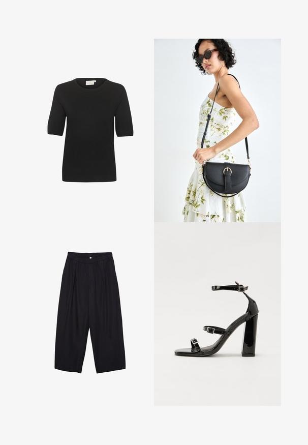 Schwarzes kurzärmliges Strickoberteil mit rundem Ausschnitt. Verfügt über eine glatte Textur und ein einfaches Design. Etikett am Hals sichtbar.; Schwarze Polyester-Culotte mit einem elastischen Bund, zwei vorderen Falten und einer lockeren Silhouette. Keine sichtbaren Muster oder Hardware-Details.; Schwarze Lackleder-Sandalen mit hohen Absätzen, zwei Riemen mit Schnallen, quadratischer Zehenpartie und klobigem Blockabsatz, mit einer glatten, glänzenden Textur.; Schwarze Lederhandtasche mit geschwungener Form, abnehmbarem Tragegurt und goldenen Beschlägen. Die Tasche verfügt über einen Deckel mit einer Schnallen-Details.