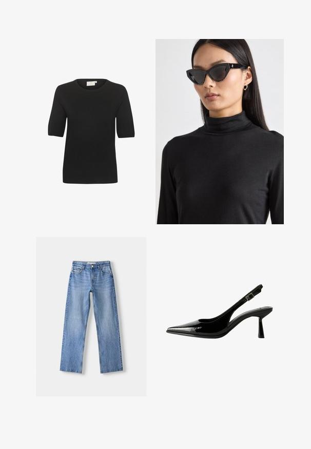 Črna kratka pletena majica s krožnim izrezom. Ima gladko teksturo in preprost dizajn. Oznaka je vidna na vratu.; Svijetloplave traperice ravnog kroja, s pet džepova, prednjim kopčanjem na dugme i suptilnim izbljeđivanjem za teksturu.; Črne lakirane slingback čevlje s koničastim nosom, izrezanimi stranicami, nastavljivim gležnjarjem in tankim, elegantnim peto.; Črne mačje sončne očala z temnimi lečami, strukturiranimi črnimi okvirji in diskretnimi bleščečimi detajli. Model nosi črn pulover.; Zlata digitalna ura s pravokotnim okvirjem, LCD zaslonom, jeklenim pasom in gumbi na strani. Ima oznako o vodoodpornosti.