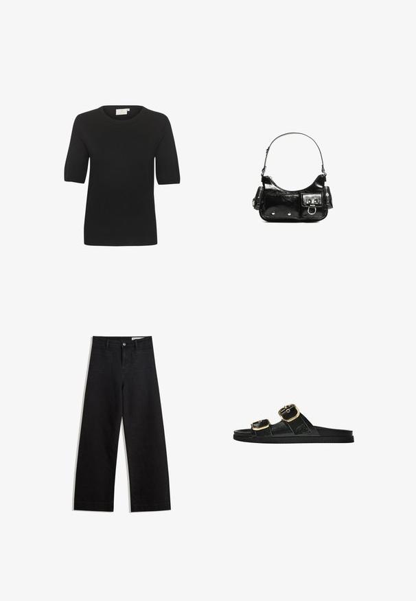 Svart kortärmad stickad topp med rund halsringning. Har en slät yta och en enkel design. Etikett synlig vid halsen.; Svarta vida denimbyxor med hög midja, med fram- och bakfickor, sydda sömmar och knappstängning. Slät textur.; Svart glidsandal med två guldfärgad spännen, slät textur av material, platt sula och en minimalistisk design.; Svart lackläderhandväska med en rundad form, en axelrem, framfickor och detaljer i silverfärg.