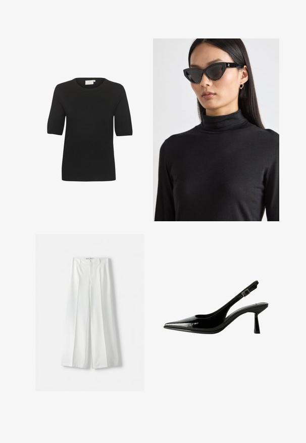 Schwarzes kurzärmliges Strickoberteil mit rundem Ausschnitt. Verfügt über eine glatte Textur und ein einfaches Design. Etikett am Hals sichtbar.; Bershka WIDE-LEG TAILORED - Stoffhose - white; Schwarze Lackleder Slingback-Pumps mit spitzem Zeh, ausgeschnittenen Seiten, verstellbarem Knöchelriemen und einem dünnen, eleganten Absatz.; Schwarze Cat-Eye-Sonnenbrillen mit dunklen Gläsern, strukturierten schwarzen Rahmen und subtilen Glitzereffekten. Das Modell trägt einen schwarzen Rollkragenpullover.; Goldene Digitaluhr mit quadratischem Ziffernblatt, LCD-Display, Edelstahlarmband und Tasten an der Seite. Verfügt über eine wasserdichte Kennzeichnung.