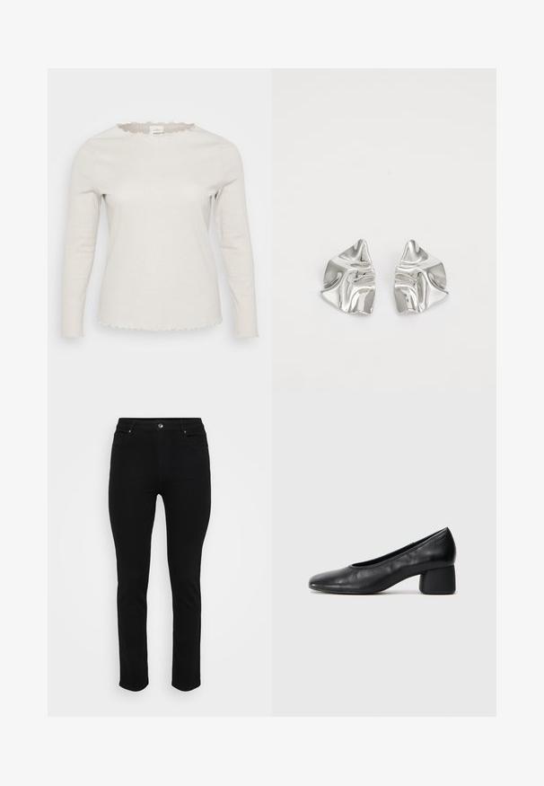 Svijetlosmeđa dugouhica košulja od rebraste tkanine. Ima volanasti izrez i lagano izlizane rubove na manžetama i donjem dijelu.; Crne traperice od denima slim fit kroja, s pet džepova, zatvaranjem na dugme sprijeda i blago rastezljivim materijalom za udobnost. Ravna, glatka tekstura s minimalnim ukrasima.; Crna kožna pumpica s okruglim vrhom i srednje blok petom. Glatka tekstura s minimalnim detaljima, s suptilnim elastičnim otvaranjem.; Srebrne metalne naušnice s valovitim, skulpturalnim dizajnom, naglašenim sjajnom završnom obradom i nepravilnim oblicima, što ističe suvremeni estetski izraz.