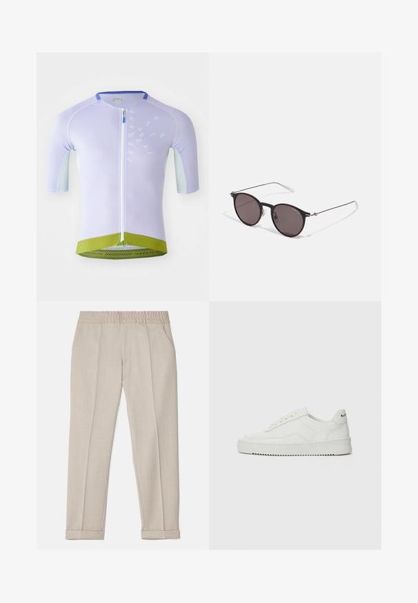 Vaaleanlila pyöräilypaita lyhyillä hihoilla, verkkomaista tekstiiliä, täysi vetoketju ja vihreä alahelma, jossa musta brändilogo.; Filippa K TERRY CROPPED TROUSERS - Housut - sage melange; Valkoinen nahkakenkä, jossa on sileä pinta, pyöreä kärki, tasaiset nauhat ja teksturoitu pohja. Sisältää huomaamattoman logon kantapäässä.; Musta pyöreä aurinkolasit tummilla linsseillä ja kapeilla metallikehyksillä. Sisältää kirkkaat temppelet ja hopeiset yksityiskohdat saranassa. Minimalistinen muotoilu.